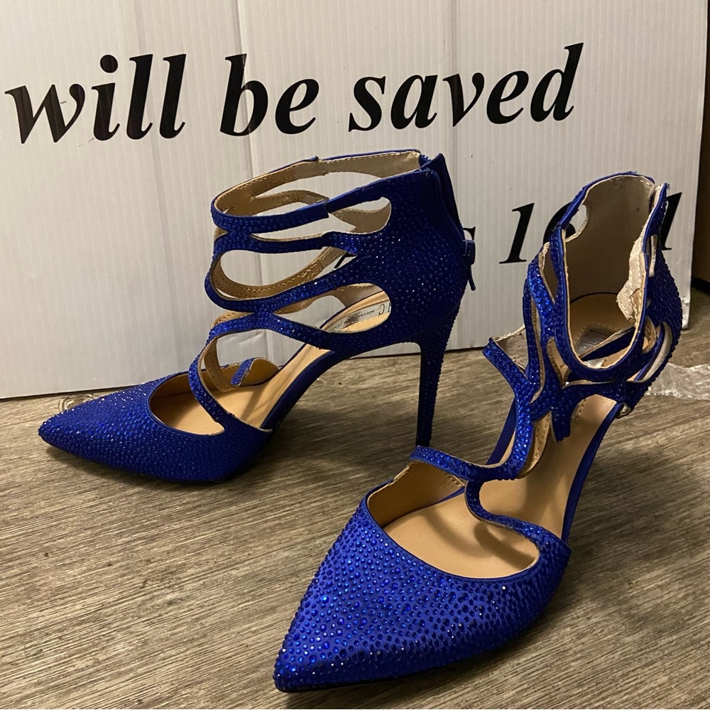 Royal Blue Rhinestone Strappy Stiletto Heels Pumps Womens 8.5 INC Kaffe2